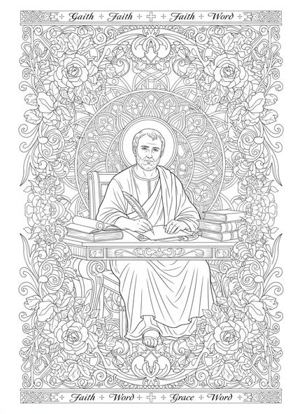 Paulus an einem Schreibtisch, Ausmalbild von Paulus, der Briefe schreibt, im Stil des Bibeljournaling für Erwachsene.