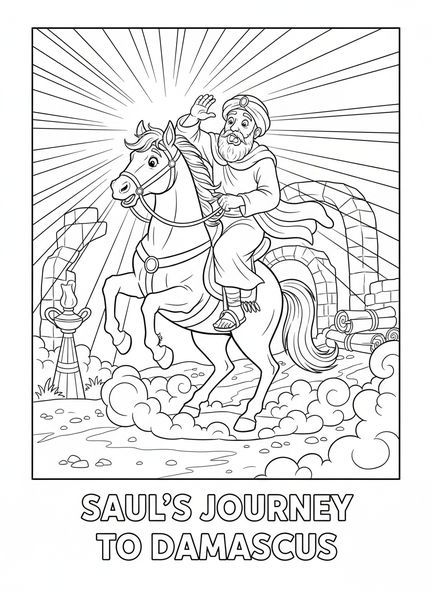 Saul montado no cavalo, página para colorir da Conversão de Paulo para crianças da Escola Dominical de 5 a 12 anos.