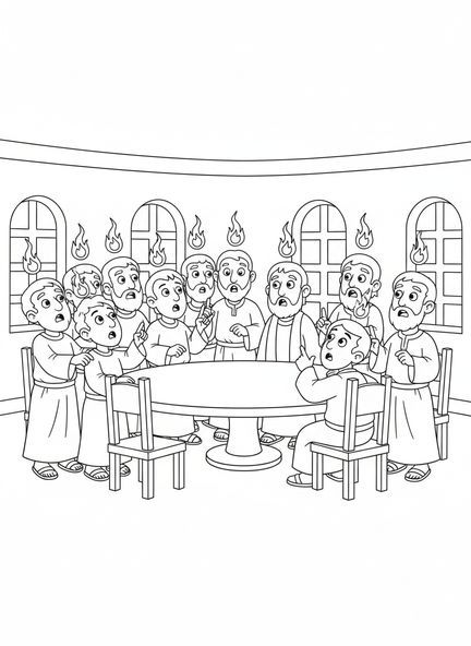 Gruppe erstaunter Jünger, Ausmalbild zum Pfingstfeuer für Kinder im Alter von 5-10 Jahren.