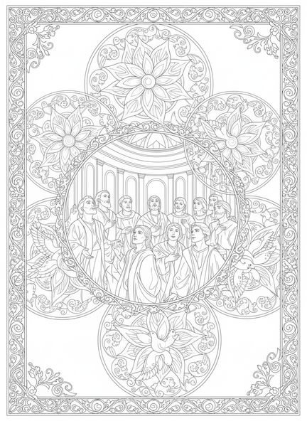 Disciples dans une pièce, page à colorier de la Pentecôte avec des langues de feu pour le style de journal biblique pour adultes.