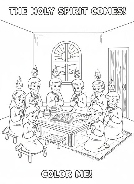 Groupe de disciples, page à colorier des langues de feu de la Pentecôte pour les enfants de 5 à 10 ans.
