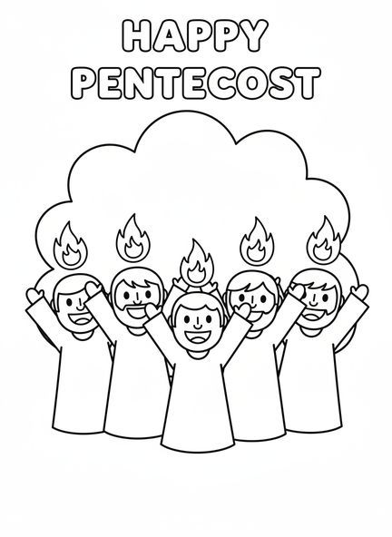 Groupe de disciples souriants, page à colorier de la Pentecôte pour les enfants d'âge préscolaire de 3 à 5 ans