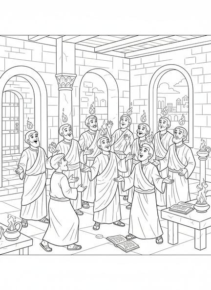Discípulos com chamas acima das cabeças, página de colorir de Pentecostes para crianças da Escola Dominical de 5 a 12 anos.