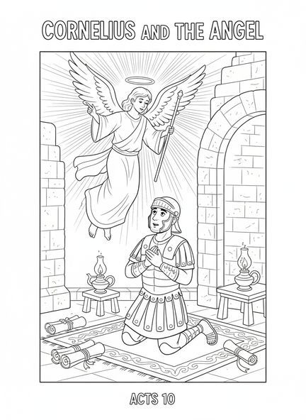 Cornélius regardant l'ange, page à colorier de Pierre Cornélius pour les enfants de l'École du dimanche âgés de 5 à 12 ans.