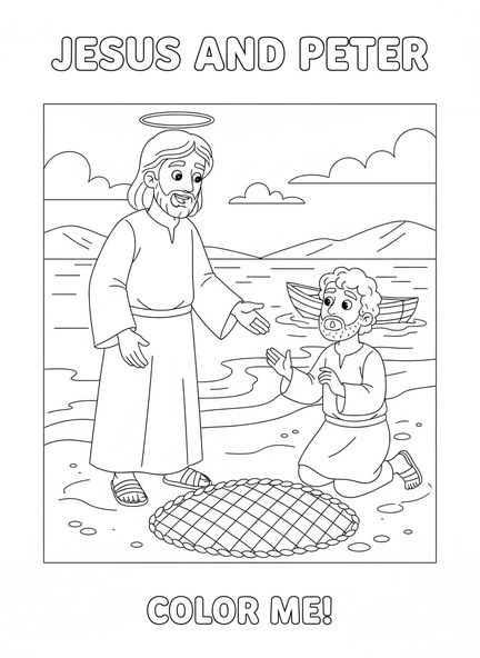 Jésus parlant à Pierre, page à colorier de la pièce de poisson de Pierre pour les enfants de 5 à 10 ans