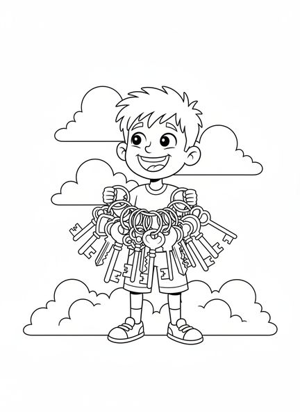 Petrus mit Schlüsseln, Ausmalbild für Kinder im Alter von 5-10 Jahren.