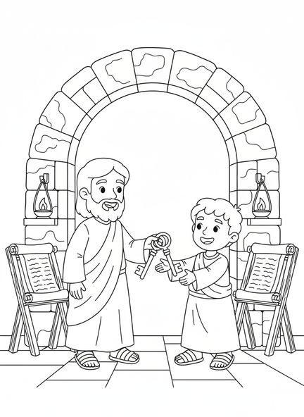 Pedro recibiendo las llaves, página para colorear de la Biblia para niños de la Escuela Dominical de 5 a 12 años.