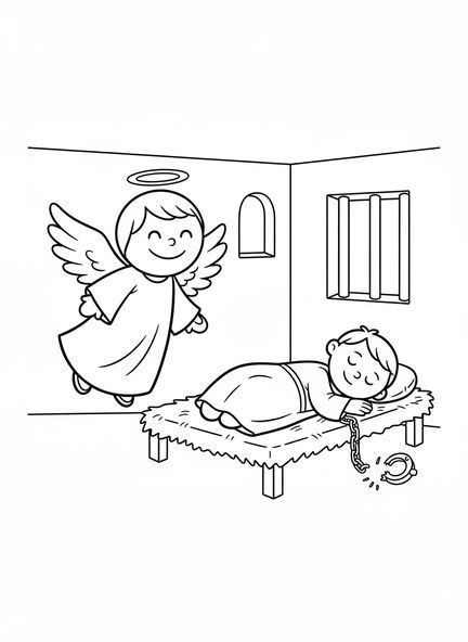 Ángel sonriente al lado de Pedro, página para colorear del Ángel en la prisión de Pedro para niños de 3 a 5 años