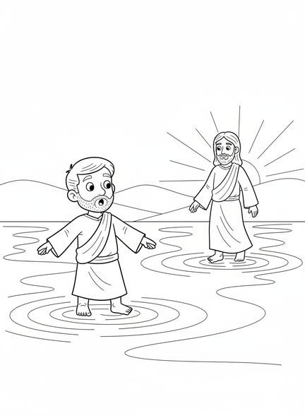 Pierre debout sur l'eau, page à colorier Pierre marchant sur l'eau pour les enfants de 5 à 10 ans.