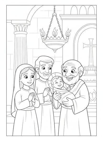 Simeón sosteniendo al bebé Jesús, página para colorear de la Presentación en el Templo para niños de 5 a 10 años.