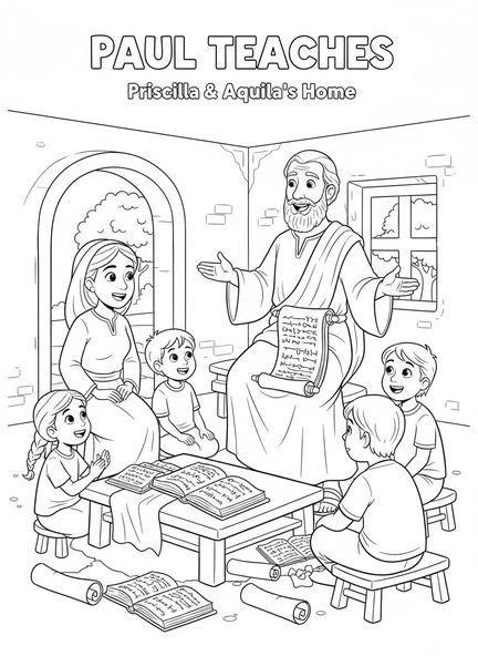 Pablo enseñando a un grupo, página para colorear de Priscila y Aquila para niños de 5 a 10 años