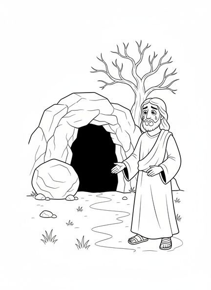 Jesus com lágrimas, Ressuscitando Lázaro Página para colorir Jesus Chorando no Túmulo para crianças de 5 a 10 anos