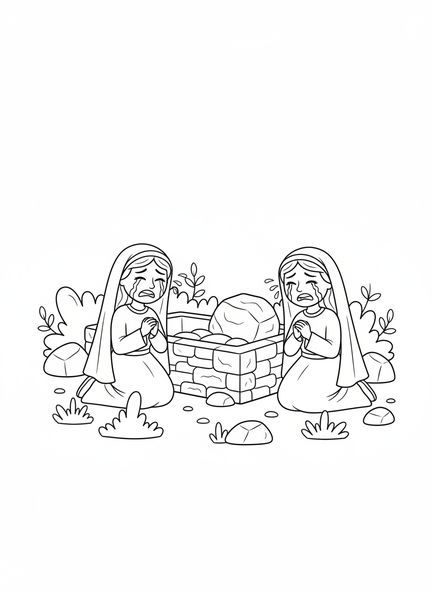 Martha und Maria, die Lazarus auferwecken. Ausmalbild für Kinder im Alter von 5-10 Jahren.