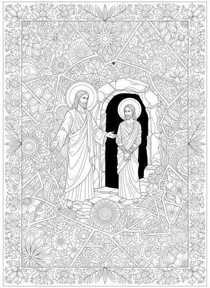 Jesus chamando Lázaro, página para colorir sobre a Ressurreição de Lázaro no estilo de diário bíblico para adultos.