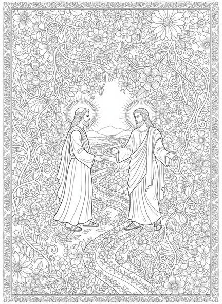 Zwei Jünger auf dem Weg nach Emmaus, Ausmalbild für Erwachsene im Stil des Bibel-Journaling.