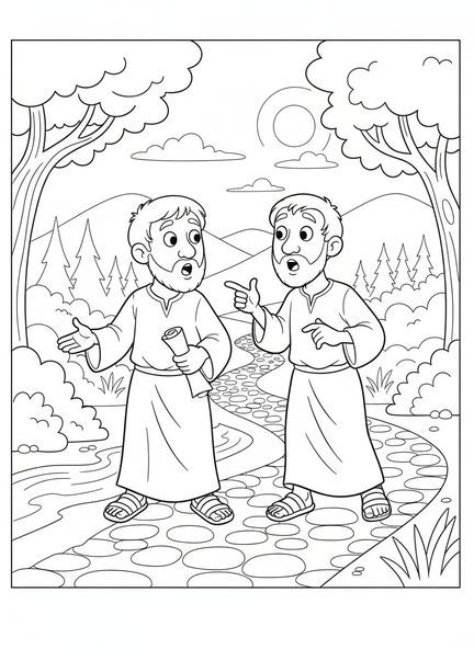 Zwei Cartoon-Jünger, Ausmalbild zur Straße nach Emmaus für Kinder im Alter von 5-10 Jahren