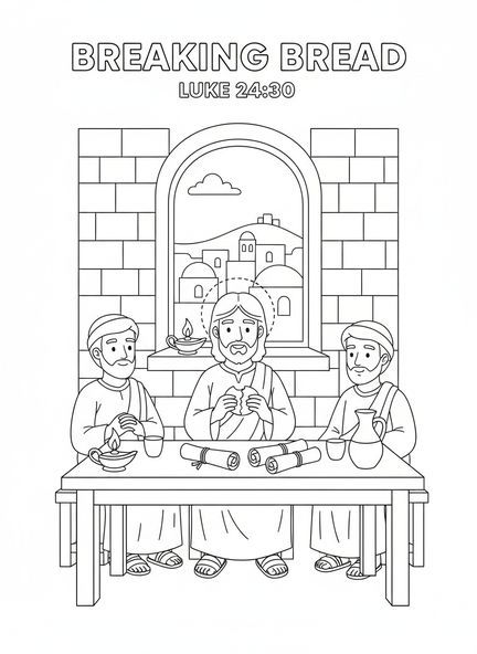 Tisch mit Jesus und seinen Jüngern, die Brot teilen, Ausmalbild für die Sonntagsschule für Kinder im Alter von 5-12 Jahren.