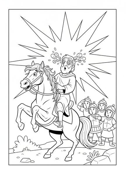 Saul auf dem Pferd, Ausmalbild zur Bekehrung von Saul für Kinder im Alter von 5-10 Jahren