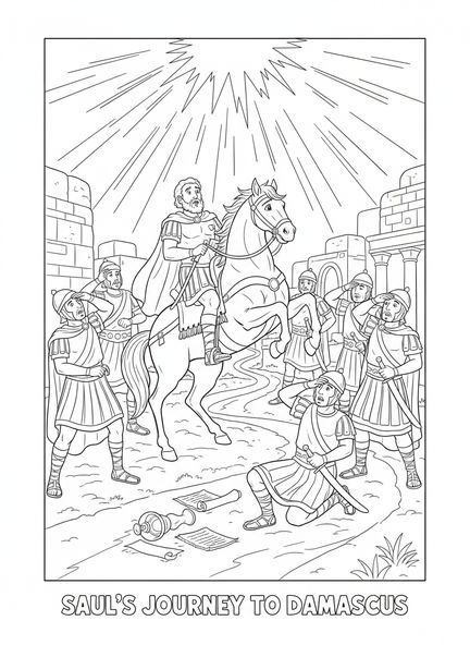 Saul auf dem Pferd, Ausmalbild zur Bekehrung Sauls für die Sonntagsschule für Kinder im Alter von 5-12 Jahren.