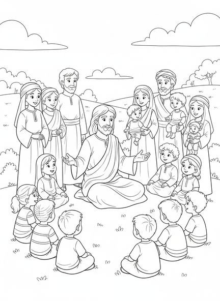 Jesus sitzt mit einer vielfältigen Menge, die Bergpredigt Jesus segnet die Menge Malvorlage für Kinder im Alter von 5-10 Jahren