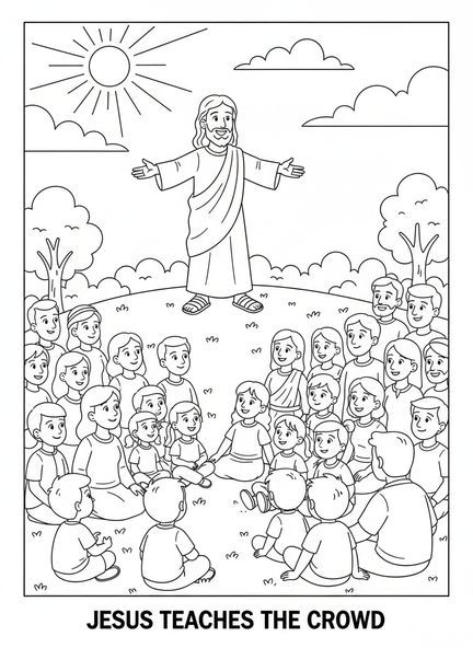 Jesús enseñando a una multitud, página para colorear del Sermón del Monte para niños de 5 a 10 años.