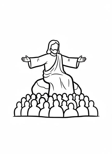 Jesús enseñando a la gente, página para colorear del Sermón en la Montaña para niños de 2 a 3 años