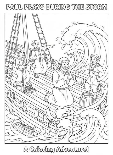 Paul priant sur le navire, page à colorier Paul naufragé pour les enfants de 5 à 10 ans.