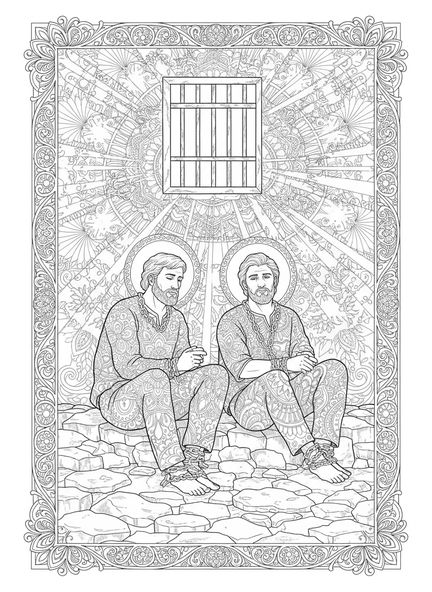 Silas und Paulus im Gefängnis, Silas Ausmalbild für Erwachsene im Bibel-Journaling-Stil.