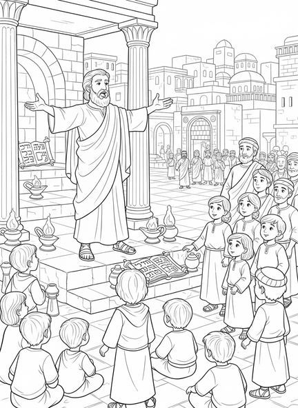 Multitud escuchando a Esteban, página para colorear de la lapidación de Esteban para niños de Escuela Dominical de 5 a 12 años.