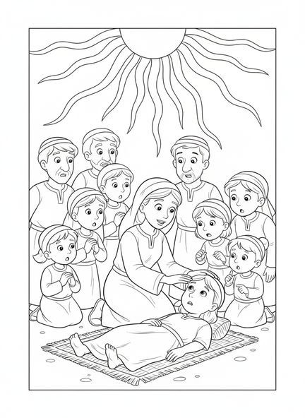 Tabita Dorcas de rodillas, página para colorear de Tabita Dorcas para niños de 5 a 10 años