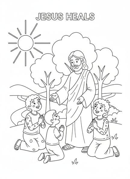 Jésus avec trois lépreux, page à colorier des Dix Lépreux pour les enfants de 5 à 10 ans