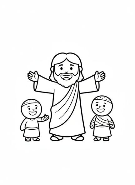 Page à colorier de Jésus souriant et des dix lépreux pour les enfants d'âge préscolaire de 3 à 5 ans
