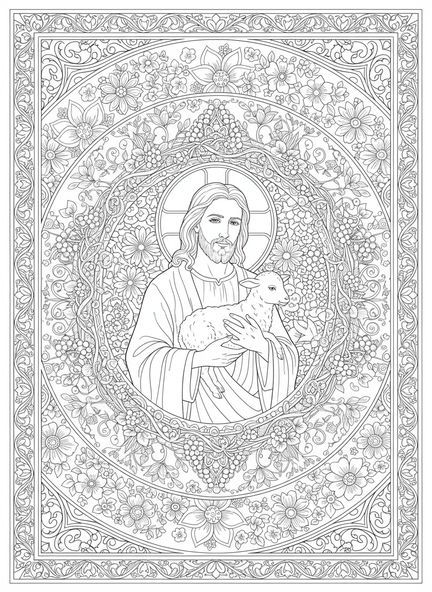 Jesús sosteniendo una oveja, página para colorear del Buen Pastor Jesús en estilo de journaling bíblico para adultos