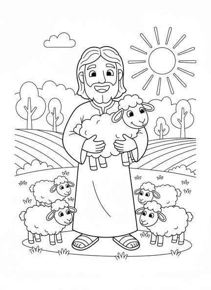 Jésus tenant un mouton, page à colorier du Bon Berger Jésus pour les enfants de 5 à 10 ans