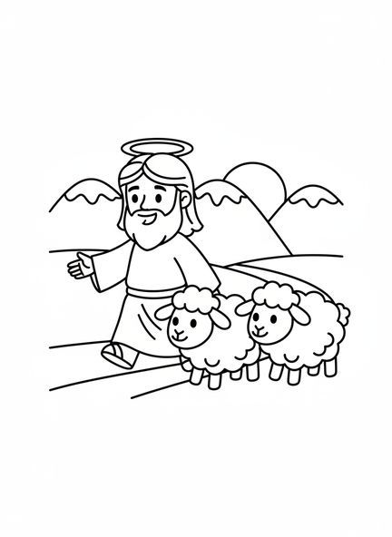 Jésus guidant deux moutons, page à colorier du Bon Pasteur Jésus pour les enfants d'âge préscolaire de 3 à 5 ans