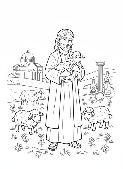 Jésus tenant un mouton, page à colorier du Bon Berger Jésus pour les enfants de l'École du dimanche âgés de 5 à 12 ans