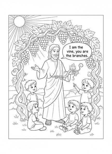 Jesus lehrt Kinder, Ausmalbild über den Weinstock und die Reben für Kinder im Alter von 5-10 Jahren