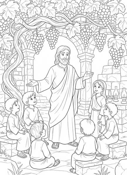 Jesus lehrt Kinder über den Weinstock, Ausmalbild über den Weinstock und die Zweige für die Sonntagsschule für Kinder im Alter von 5-12 Jahren.