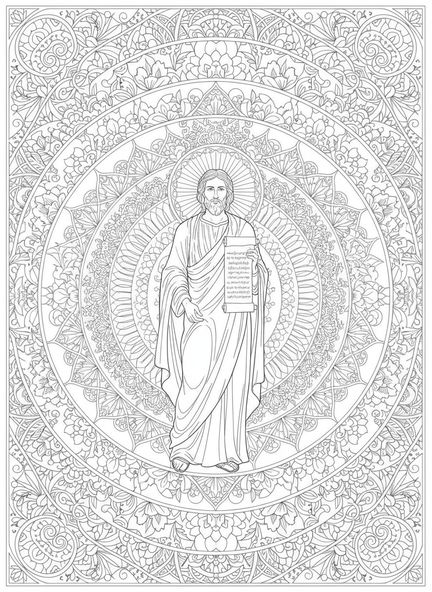 Timotheus mit einer Schriftrolle, Ausmalbild für Erwachsene im Stil des Bibel-Journalings.