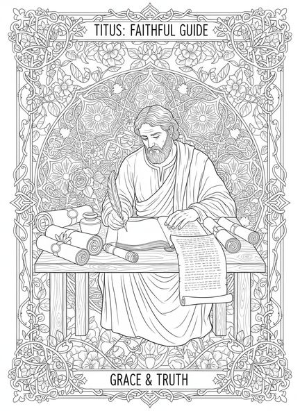 Tite écrivant des lettres, page à colorier pour adultes dans un style de journal biblique