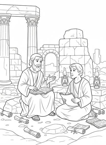 Tito y Pablo conversando, página para colorear de Tito para niños de Escuela Dominical de 5 a 12 años.
