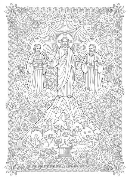 Jesus transfigurado, página para colorir sobre a Transfiguração no estilo de diário bíblico para adultos.
