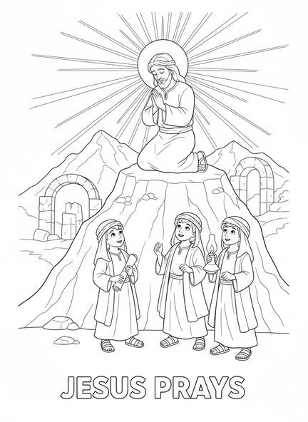 Jesus betet, Ausmalbild zur Verklärung für Kinder in der Sonntagsschule im Alter von 5-12 Jahren.