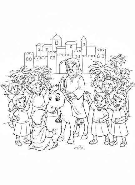 Jesús en un burro, página para colorear de la Entrada Triunfal con la multitud agitando ramas de palma para niños de 5 a 10 años.