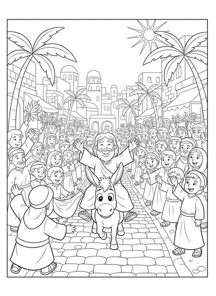 Jesús en un burro, página para colorear de la Entrada Triunfal de Jesús montando un burro para niños de 5 a 10 años