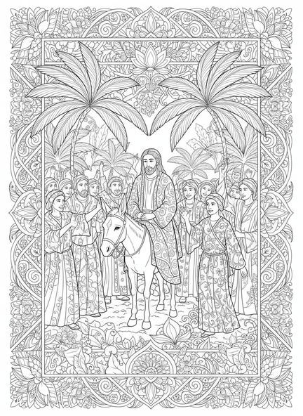 Jésus sur un âne, page à colorier de l'Entrée triomphale pour le journal biblique des adultes.