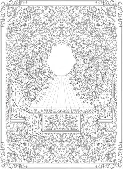 Reunião dos apóstolos, página para colorir dos Doze Apóstolos no estilo de journaling bíblico para adultos.