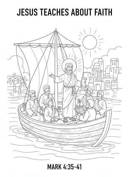 Apostel in einem Boot mit Jesus, Ausmalbild der Zwölf Apostel für die Sonntagsschule Kinder im Alter von 5-12 Jahren