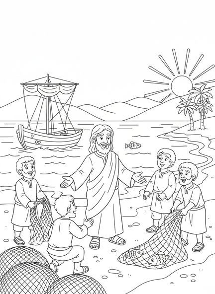 Jesus ruft vier Jünger, Ausmalbild der zwölf Jünger für Kinder im Alter von 5-10 Jahren.