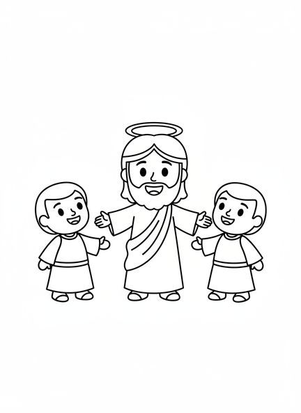 Page à colorier de Jésus souriant et de ses Douze Disciples pour les enfants d'âge préscolaire de 3 à 5 ans.